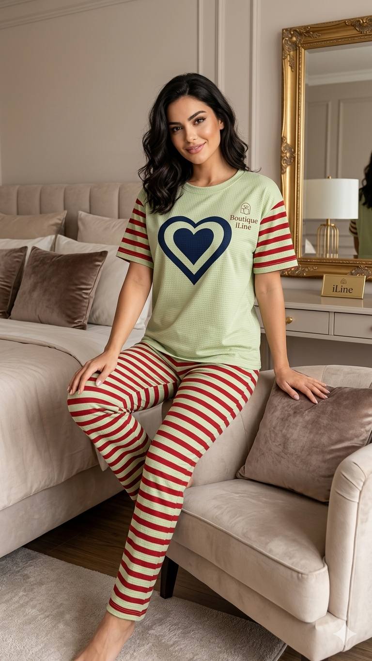 Ensemble Pyjama Rayé Motif Cœur – 3 Pièces Femme