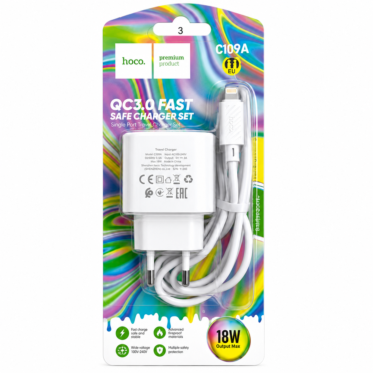 Hoco C109A – Kit Chargeur Rapide QC3.0 18W avec Câble Lightning