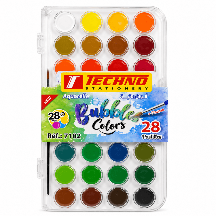 AQUARELLE BUBBLES COLORS 28 PASTILLES 28MM+PINCEAU TECHNO 7102