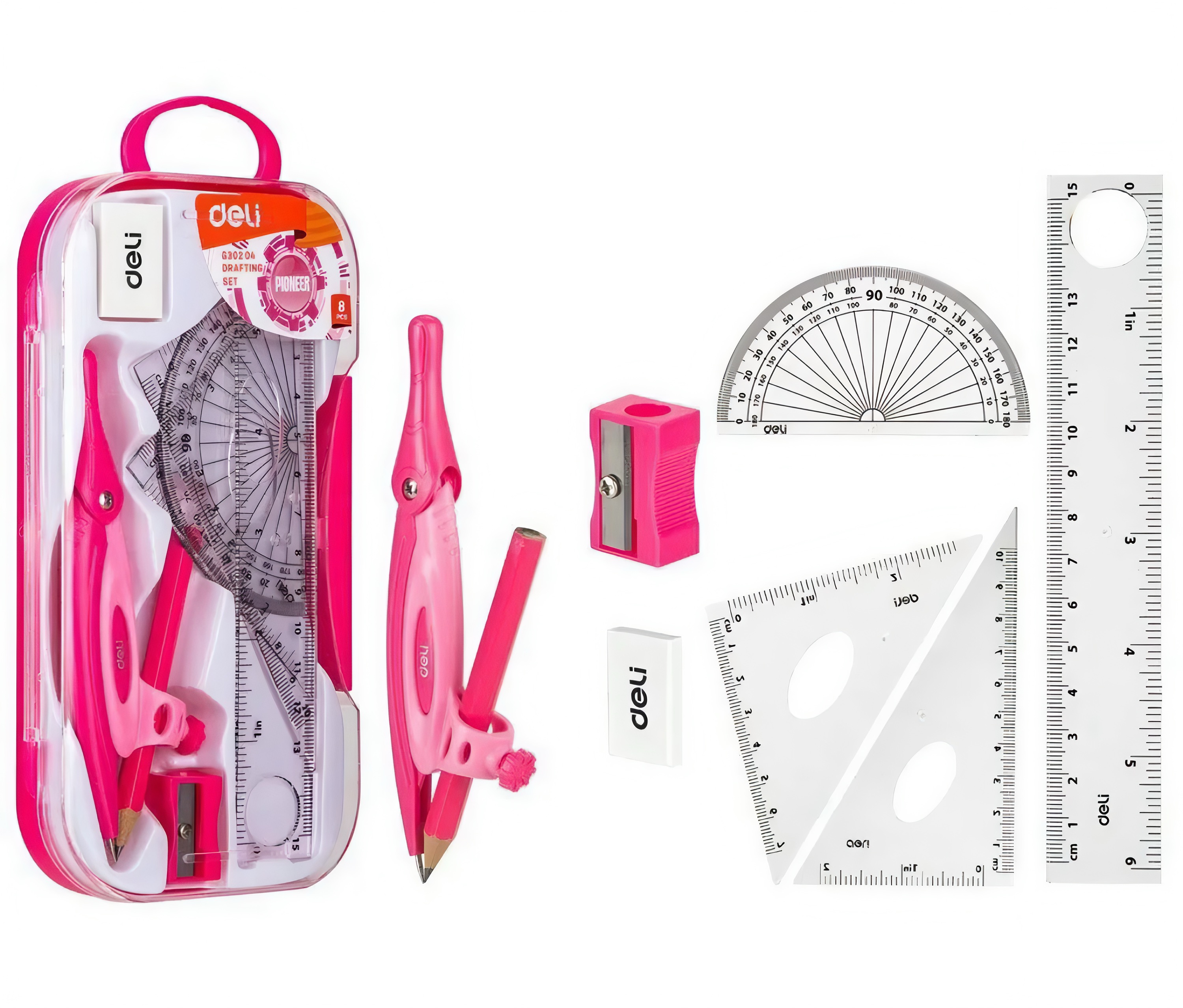 Ensemble de Traçage DELI 8PCS Compas Bague avec Crayon Taille Crayon Gomme Règle 15cm 2 Equerres 10 cm-60° et 7 cm-45° Rapporteur