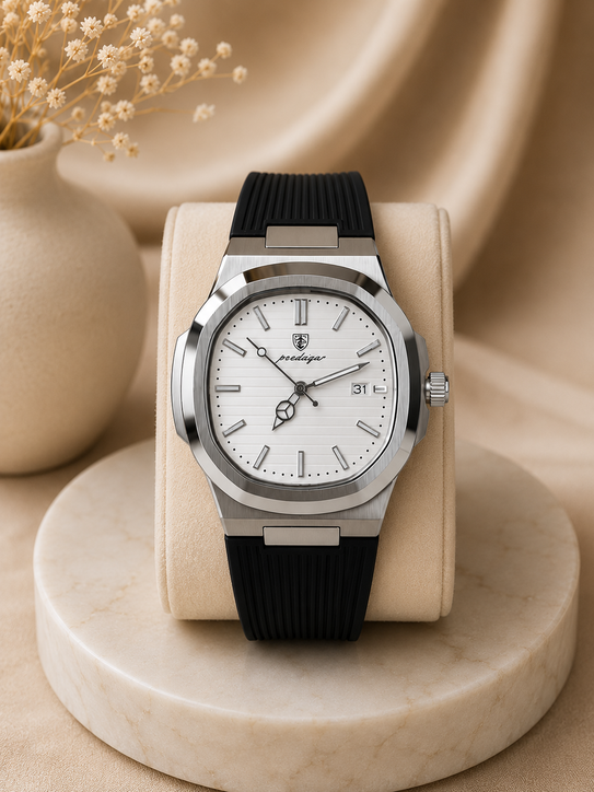 Montre Predagar Cadran Blanc Bracelet Silicone Noir
