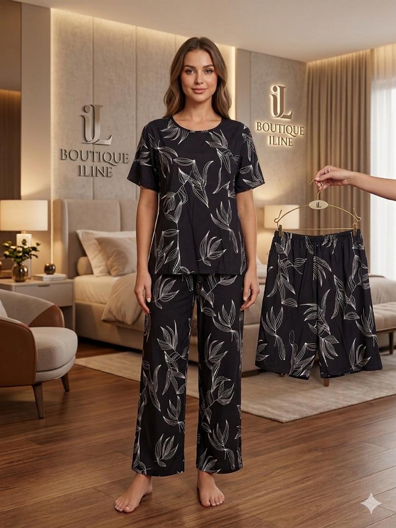 Ensemble Pyjama Femme – T-shirt & Pantalon Imprimé (3 pièces)