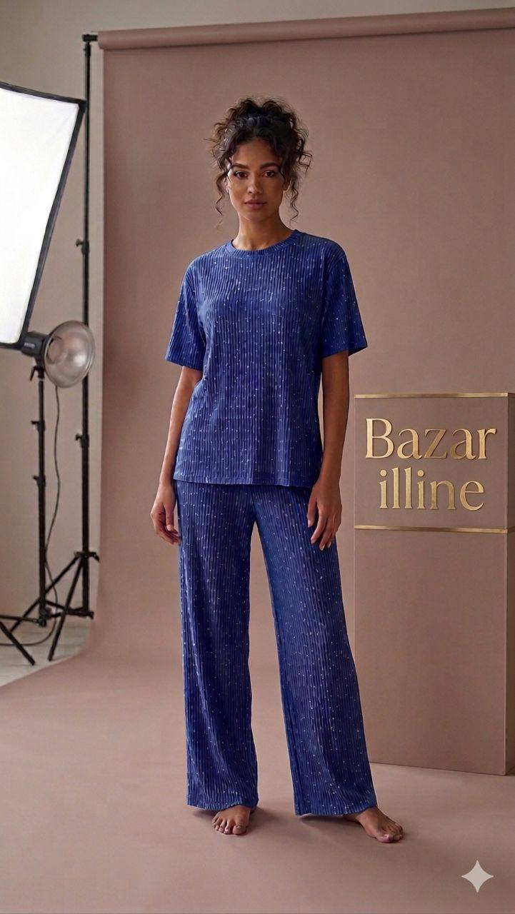 Ensemble Côtelé Pailleté Femme – T-shirt & Pantalon Large
