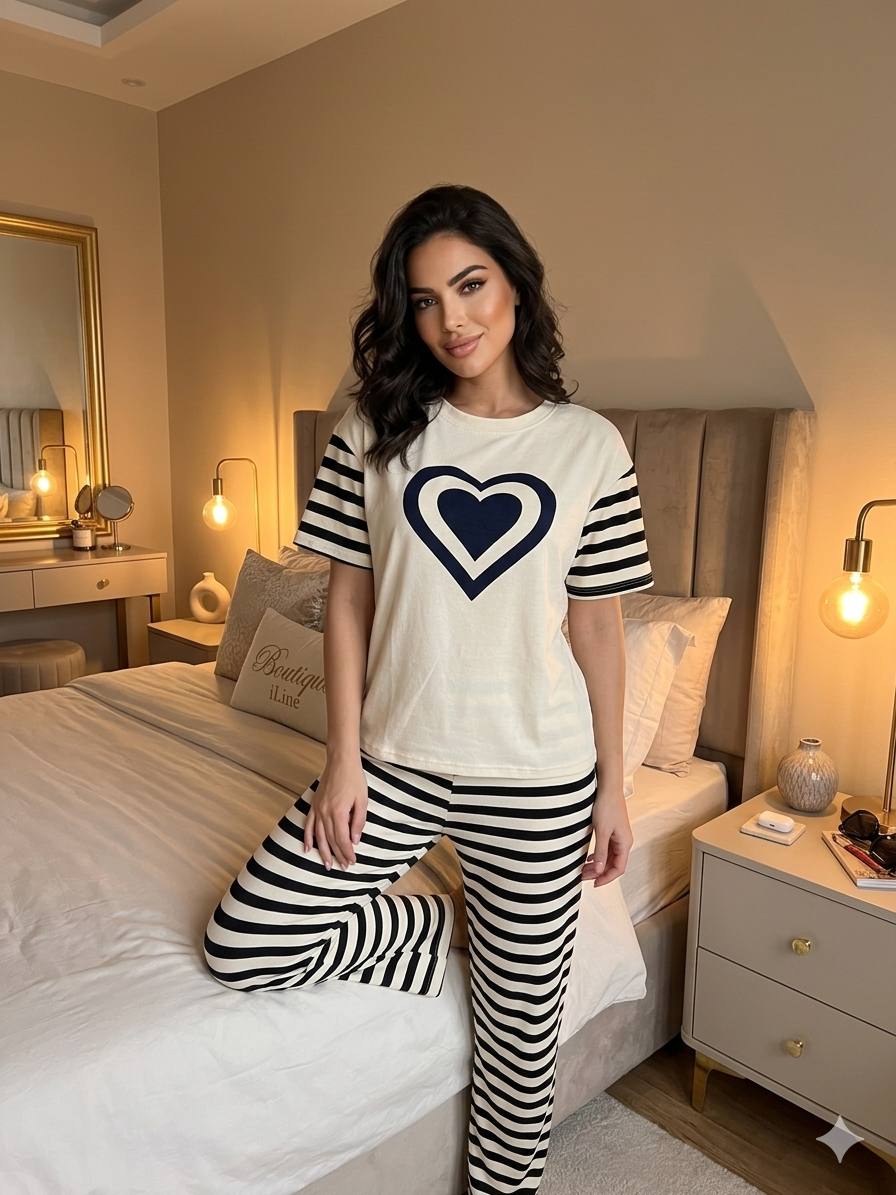 Ensemble Pyjama Rayé Motif Cœur – 3 Pièces Femme