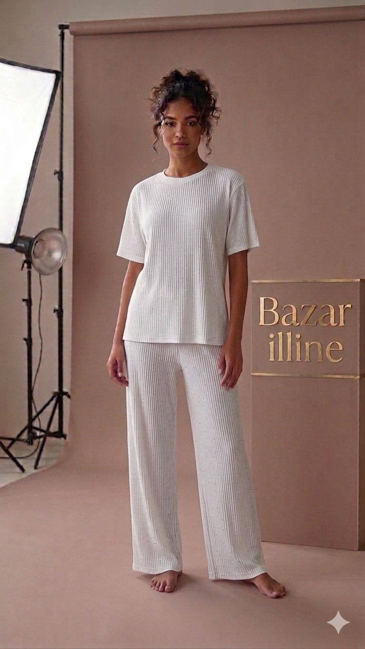 Ensemble Côtelé Pailleté Femme – T-shirt & Pantalon Large