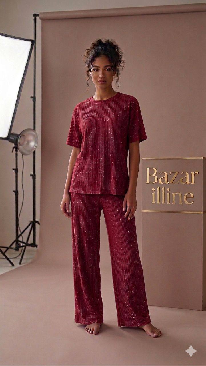 Ensemble Côtelé Pailleté Femme – T-shirt & Pantalon Large