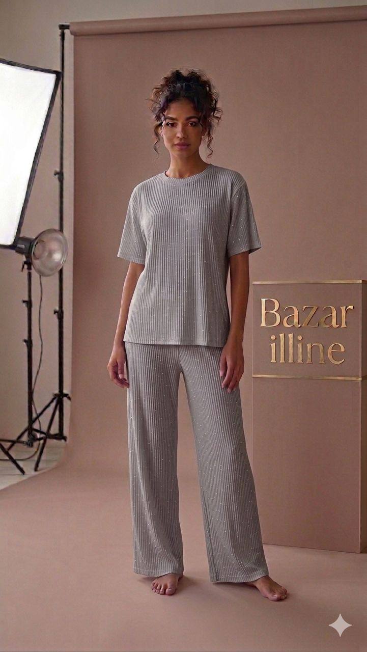 Ensemble Côtelé Pailleté Femme – T-shirt & Pantalon Large