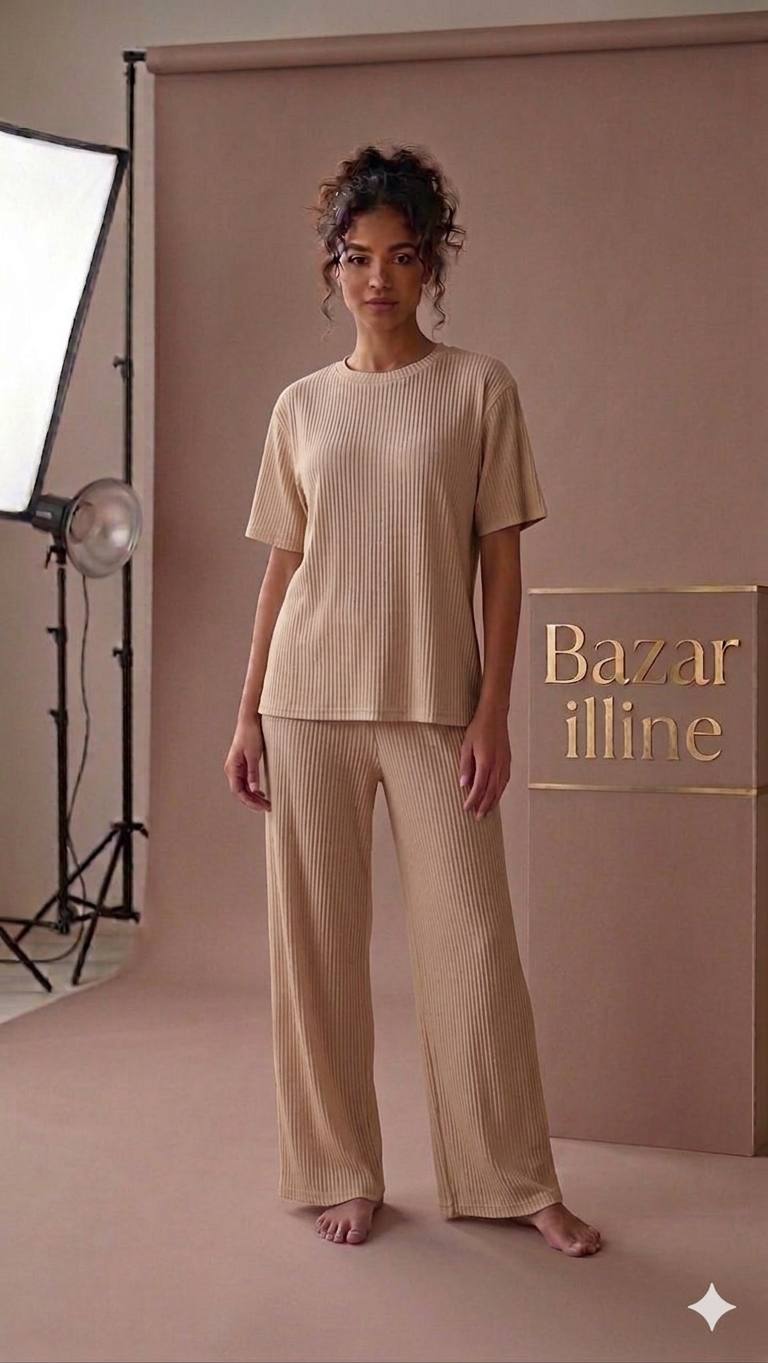 Ensemble Côtelé Pailleté Femme – T-shirt & Pantalon Large