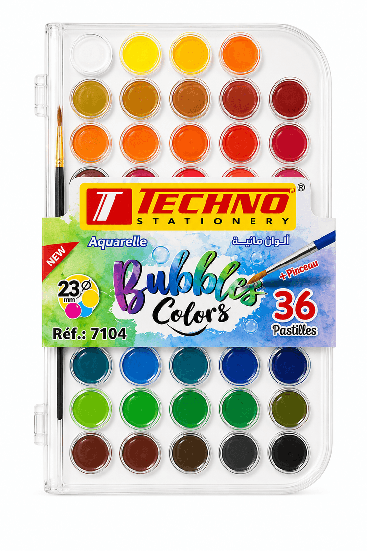AQUARELLE BUBBLES COLORS 36 PASTILLES 23MM+PINCEAU TECHNO 7104