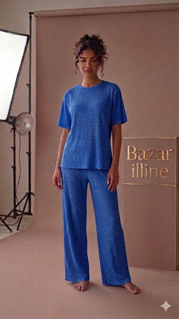 Ensemble Côtelé Pailleté Femme – T-shirt & Pantalon Large