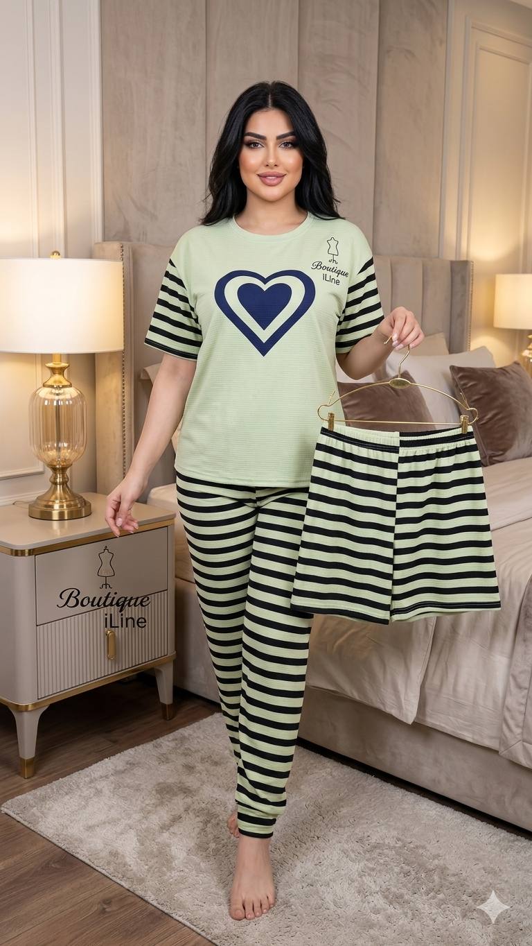 Ensemble Pyjama Rayé Motif Cœur – 3 Pièces Femme